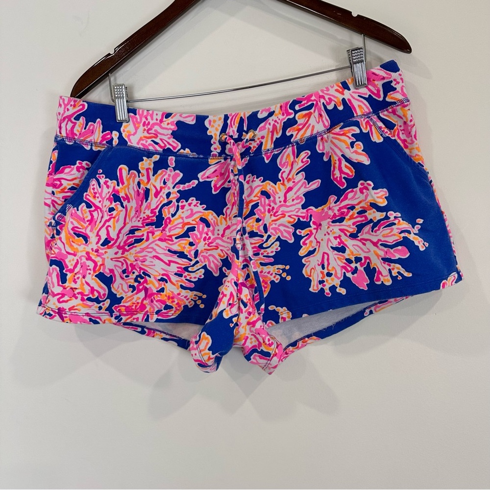 Lilly Pulitzer Yasmin Coral Brilliant Blue Drawsting Waist Shorts Size XL
